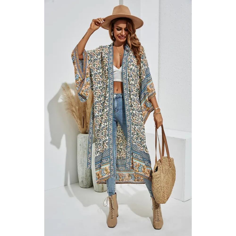 Starivy Cotton Blue Floral Kimono Spring Summer Coverup Size Small Midi Length